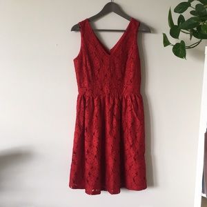 Red Sleeveless Lace Dress with V Neck